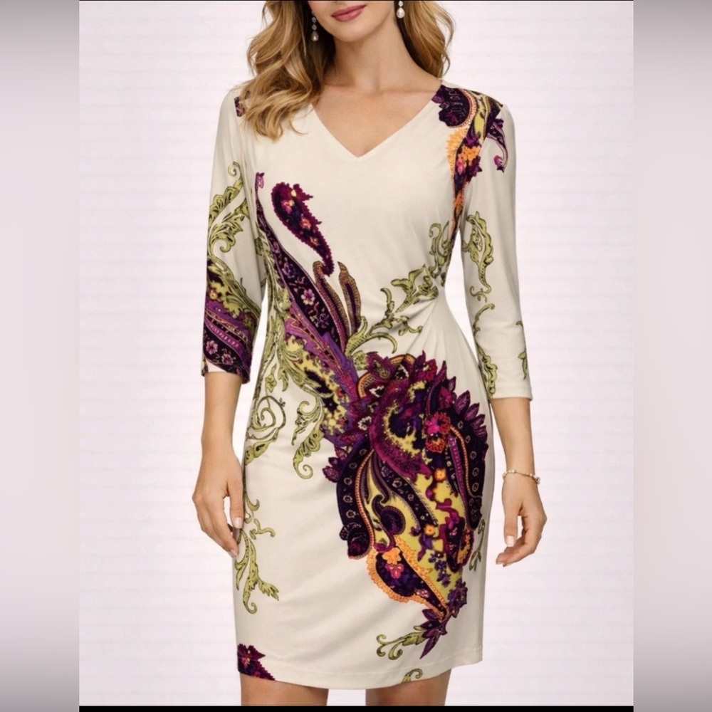 Ronni Nicole Dress 14 Floral Cream Purple Paisley 3/4 Sleeve Sheath Washable NEW